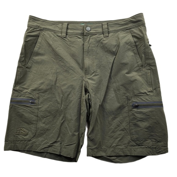 LL Bean Cargo Tech Shorts Mens 34W Olive Green Nylon Spandex Stretch Hiking